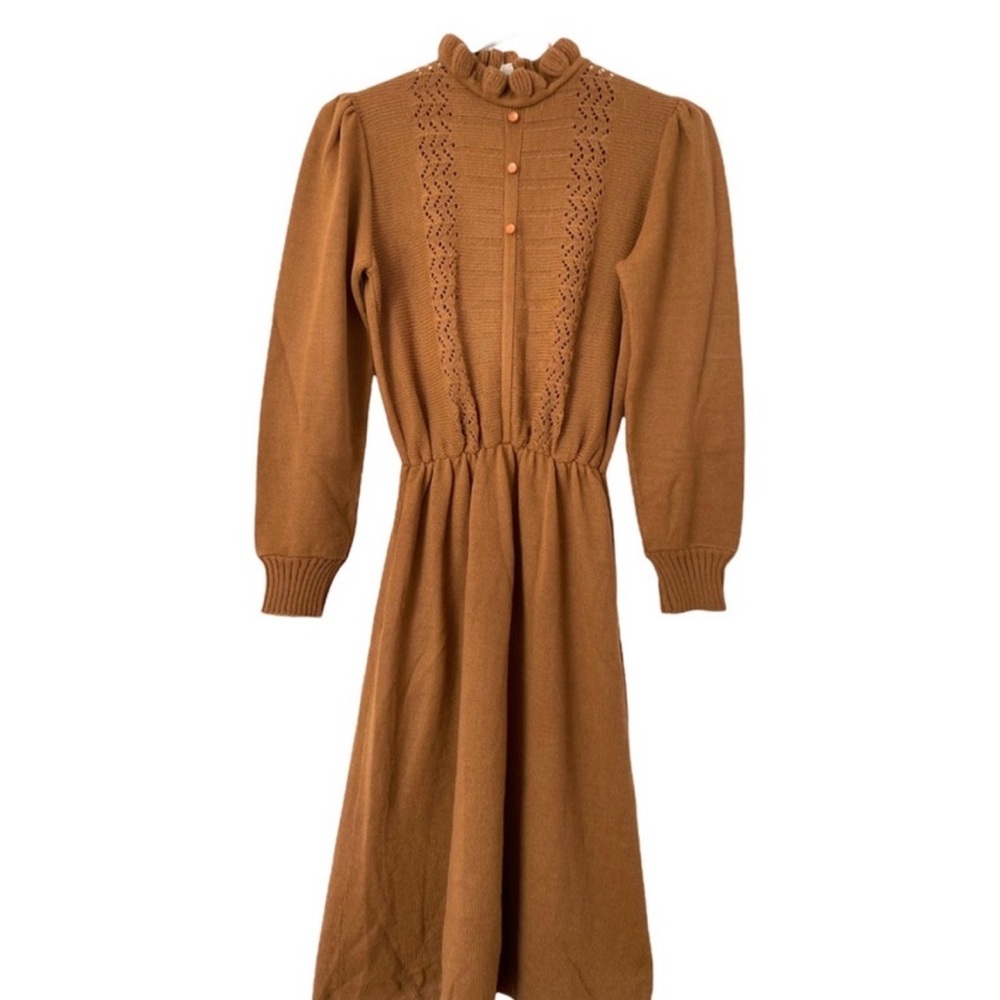 Golden yellow Long Sleeve knit Dress with ruffle collar